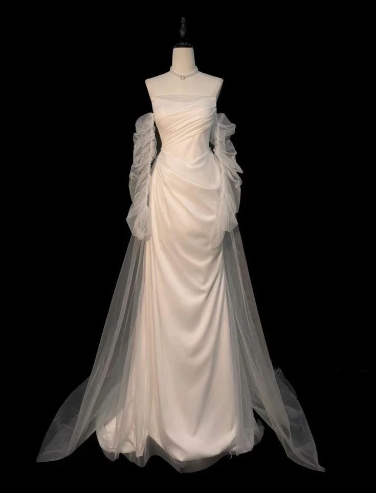 Dreamy Strapless Tulle Off-Shoulder Ruched Lace-Up Mermaid Floor-Length Prom Dress