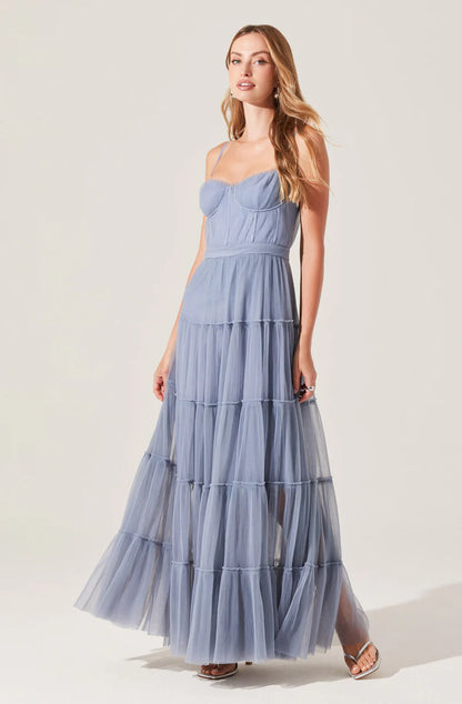 Dreamy Tulle A-Line Cowl-Neck Spaghetti-Strap Back-Zip Maxi Evening Dresses