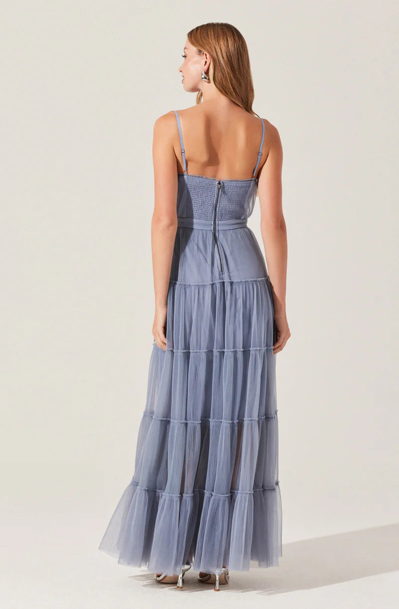 Dreamy Tulle A-Line Cowl-Neck Spaghetti-Strap Back-Zip Maxi Evening Dresses
