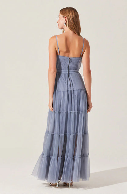 Dreamy Tulle A-Line Cowl-Neck Spaghetti-Strap Back-Zip Maxi Evening Dresses