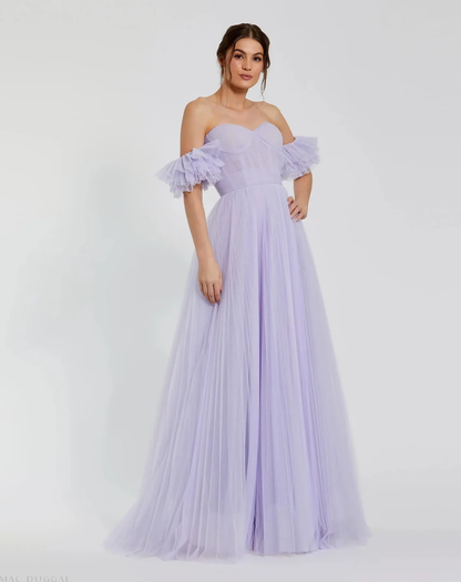 Dreamy Tulle A-Line Off-the-Shoulder Ruffled Sleeves Open Back Floor-Length Evening Dress for Formal Events