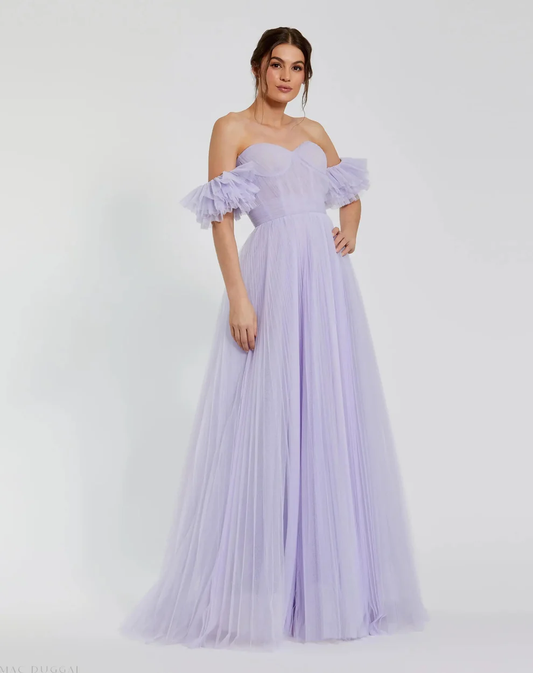 Dreamy Tulle A-Line Off-the-Shoulder Ruffled Sleeves Open Back Floor-Length Evening Dress for Formal Events