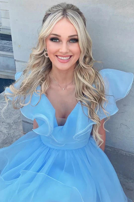 Dreamy A-Line Ruffled V-Neck Cap Sleeve V-Back Short Mini Organza Homecoming Dresses