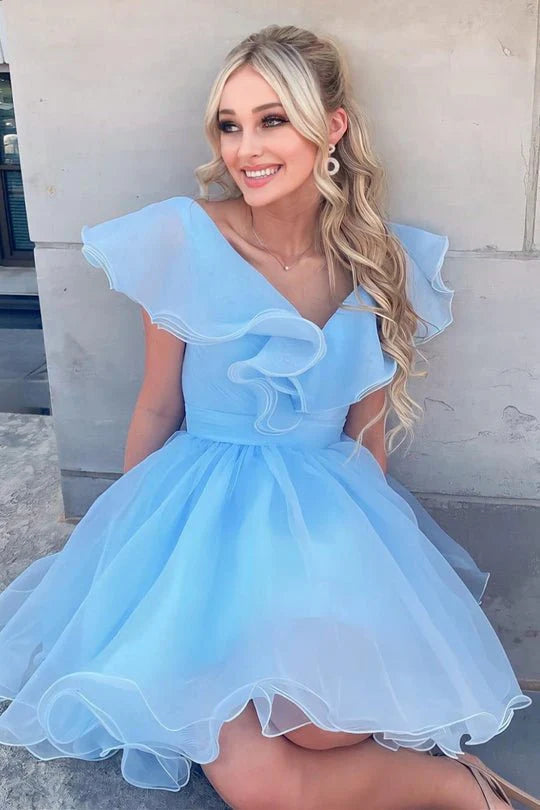 Dreamy A-Line Ruffled V-Neck Cap Sleeve V-Back Short Mini Organza Homecoming Dresses