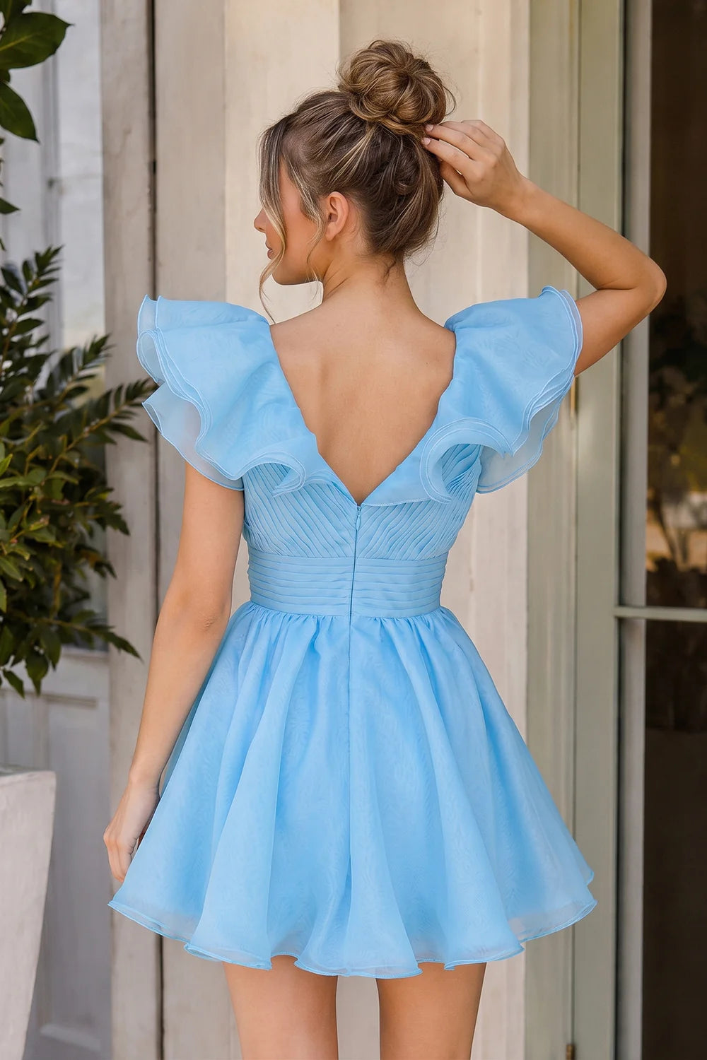 Dreamy A-Line Ruffled V-Neck Cap Sleeve V-Back Short Mini Organza Homecoming Dresses