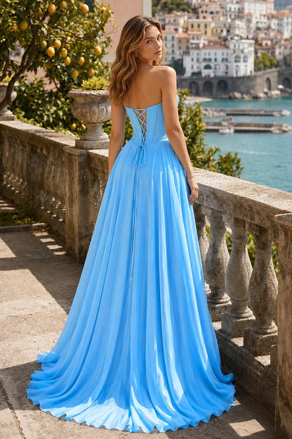 Dreamy Chiffon A-Line Strapless Sweetheart Sleeveless Lace-Up Back Floor-Length Evening Dresses
