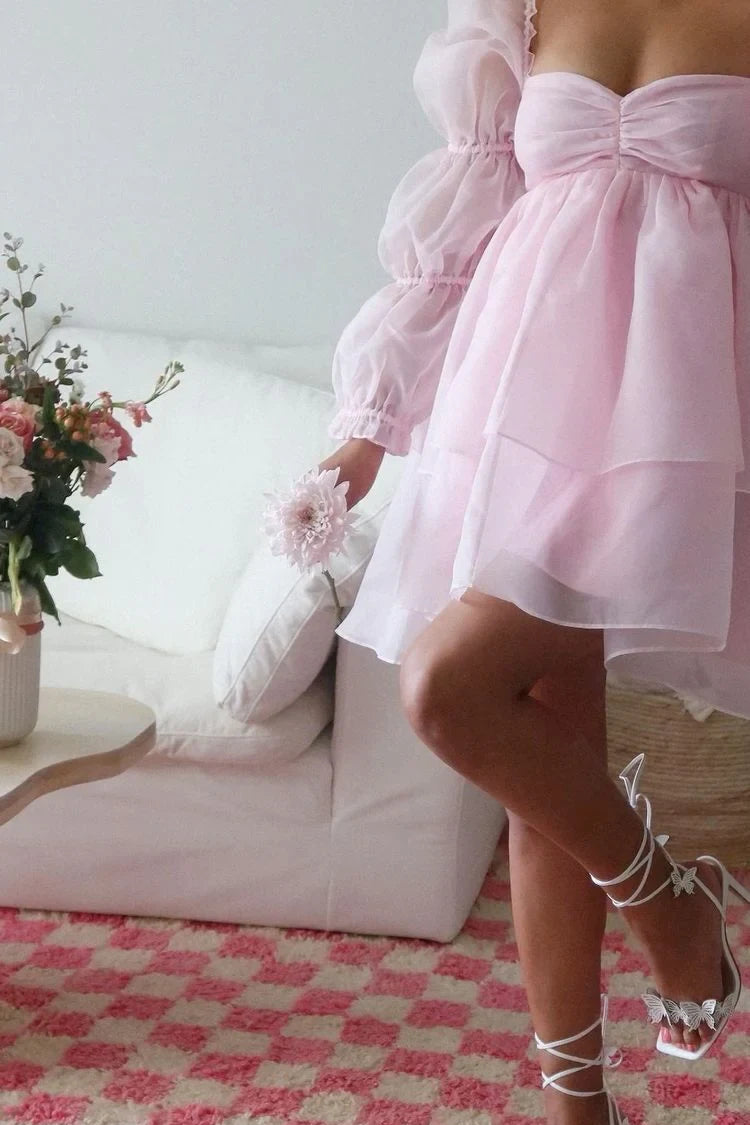 Dreamy Tulle A-Line Sweetheart Puff Sleeve Open Back Mini Homecoming Dresses