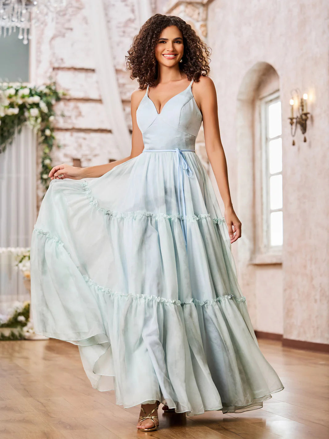 Dreamy tiered tulle V-neck spaghetti-strap corset-back floor-length evening dress