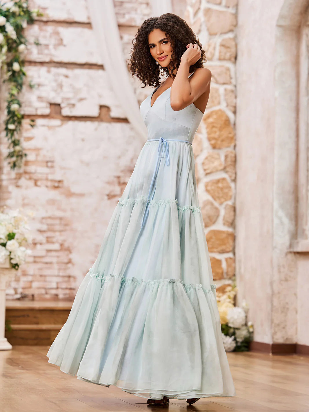 Dreamy tiered tulle V-neck spaghetti-strap corset-back floor-length evening dress