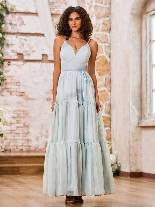 Dreamy tiered tulle V-neck spaghetti-strap corset-back floor-length evening dress