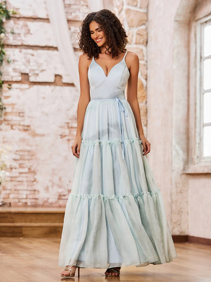 Dreamy tiered tulle V-neck spaghetti-strap corset-back floor-length evening dress