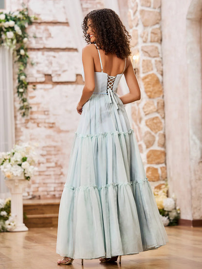 Dreamy tiered tulle V-neck spaghetti-strap corset-back floor-length evening dress