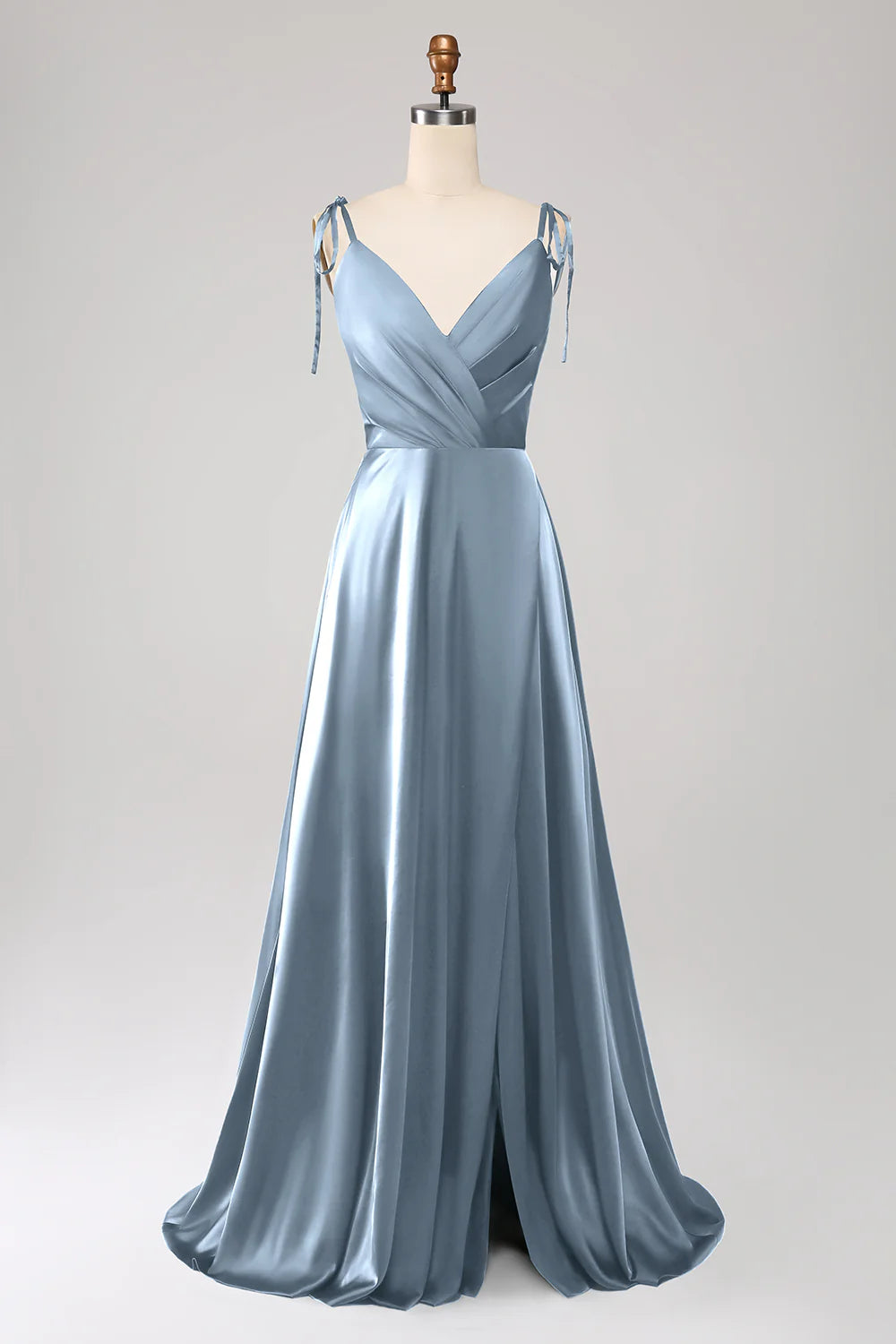 Minimalist dark green thin shoulder strap pleated slit prom dress