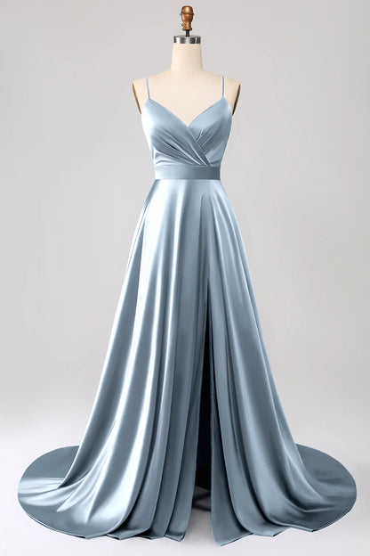 Royal blue A-line thin shoulder strap slit satin prom dress