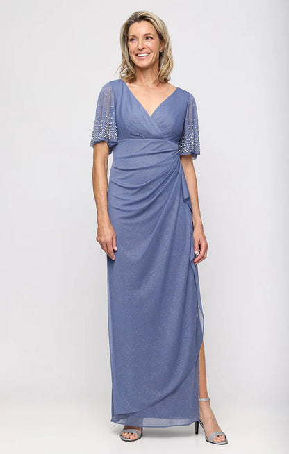 Dusty Blue Glitter Mesh V-Neck Beaded Flutter Sleeve Ruched Side Slit Floor Length Mother of the Bride Dresses