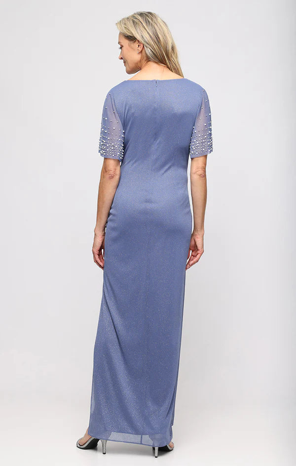 Dusty Blue Glitter Mesh V-Neck Beaded Flutter Sleeve Ruched Side Slit Floor Length Mother of the Bride Dresses