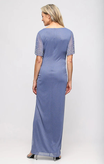 Dusty Blue Glitter Mesh V-Neck Beaded Flutter Sleeve Ruched Side Slit Floor Length Mother of the Bride Dresses