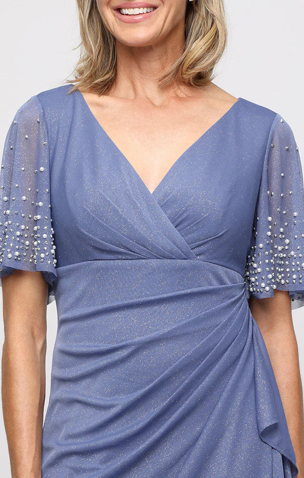 Dusty Blue Glitter Mesh V-Neck Beaded Flutter Sleeve Ruched Side Slit Floor Length Mother of the Bride Dresses