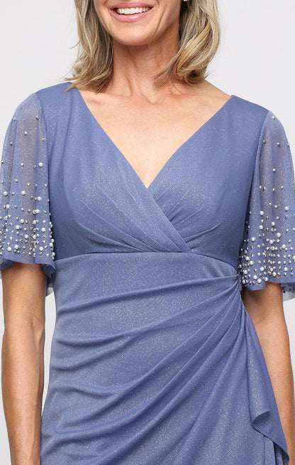 Dusty Blue Glitter Mesh V-Neck Beaded Flutter Sleeve Ruched Side Slit Floor Length Mother of the Bride Dresses