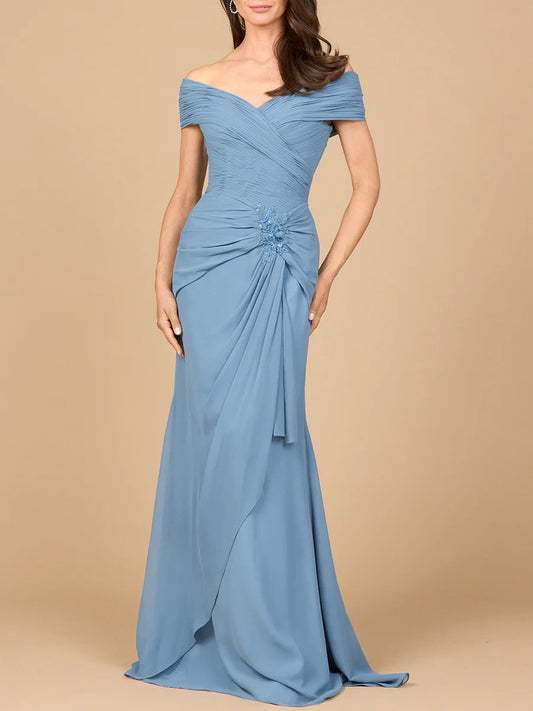 Dusty Blue Off-The-Shoulder Ruched Bodice Floral Applique Draped Mermaid Chiffon Mother of the Bride Dresses
