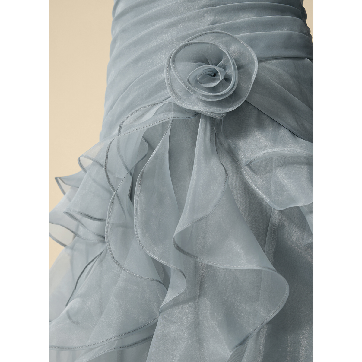 Dusty Blue Strapless Ruched Organza Homecoming Dress with 3D Flower & Ruffled Skirt
