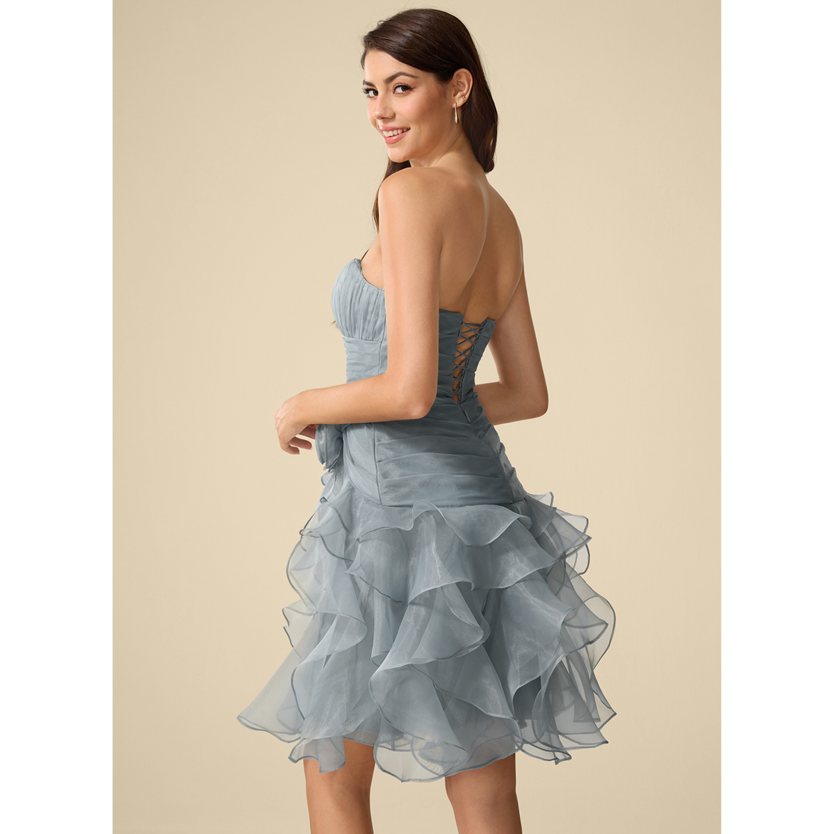 Dusty Blue Strapless Ruched Organza Homecoming Dress with 3D Flower & Ruffled Skirt