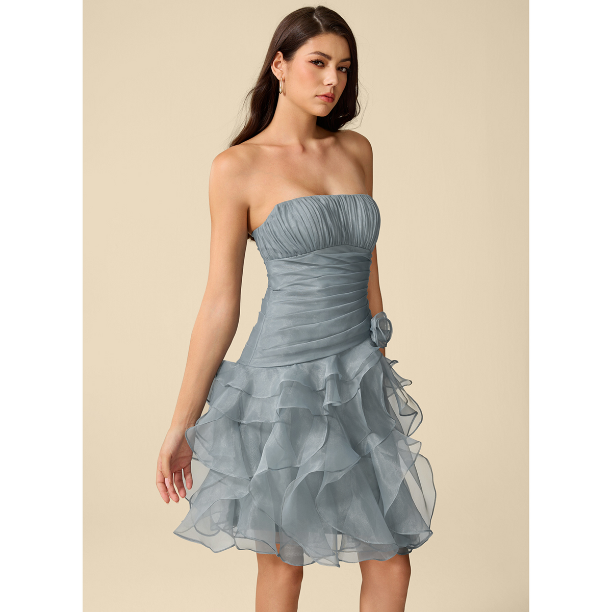 Dusty Blue Strapless Ruched Organza Homecoming Dress with 3D Flower & Ruffled Skirt