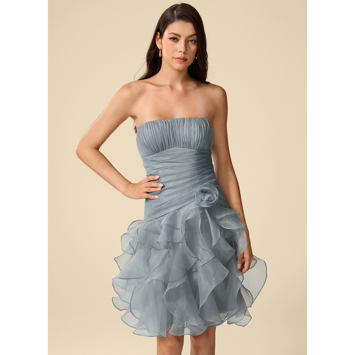 Dusty Blue Strapless Ruched Organza Homecoming Dress with 3D Flower & Ruffled Skirt