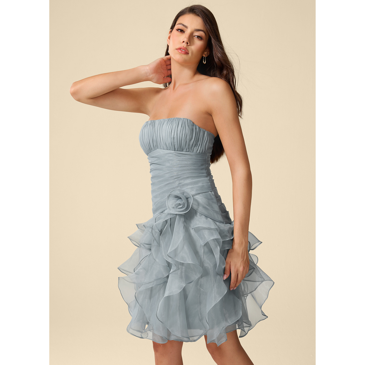 Dusty Blue Strapless Ruched Organza Homecoming Dress with 3D Flower & Ruffled Skirt