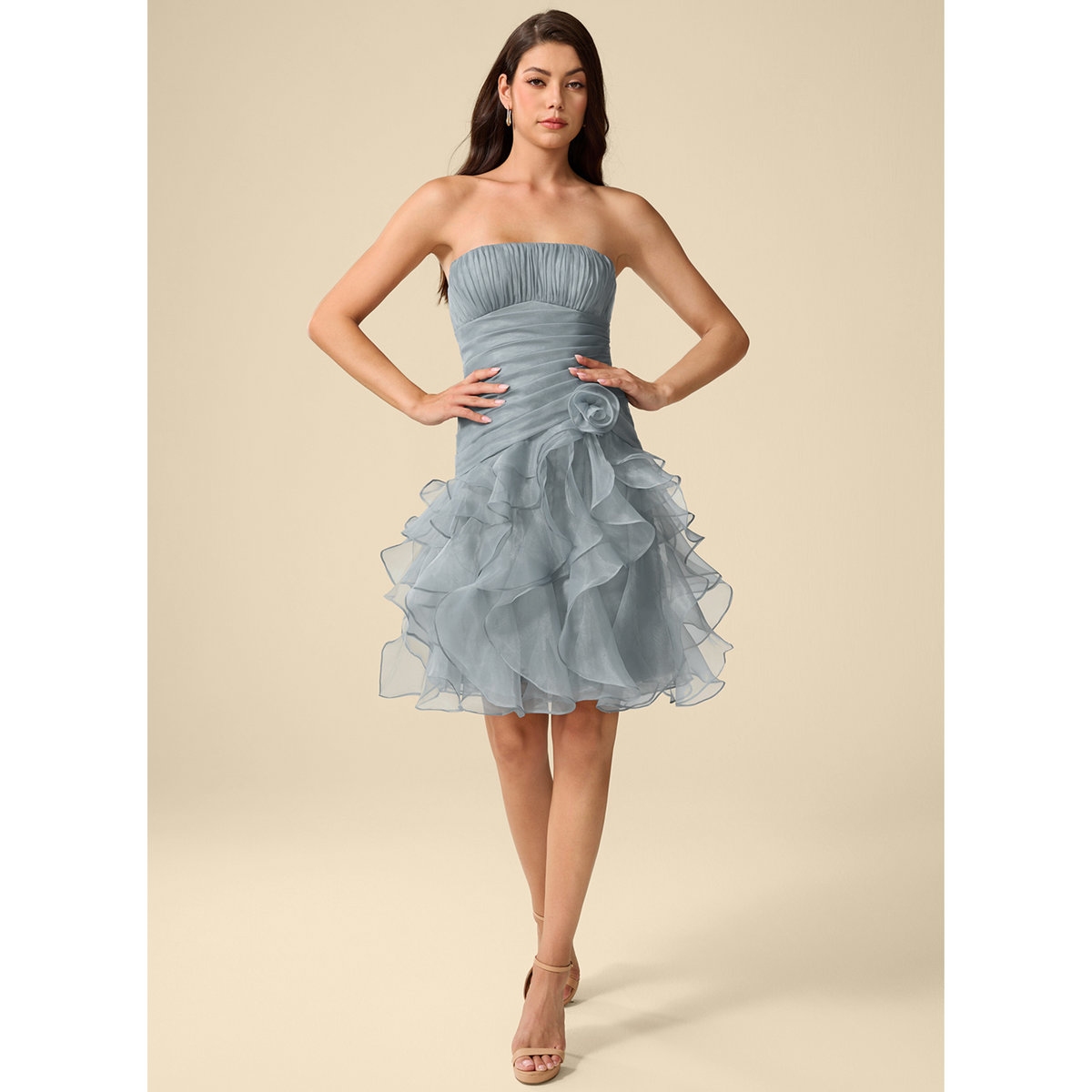 Dusty Blue Strapless Ruched Organza Homecoming Dress with 3D Flower & Ruffled Skirt
