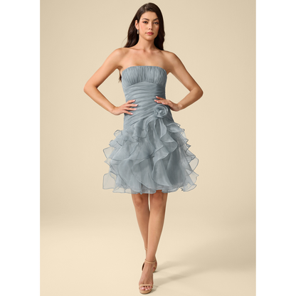 Dusty Blue Strapless Ruched Organza Homecoming Dress with 3D Flower & Ruffled Skirt