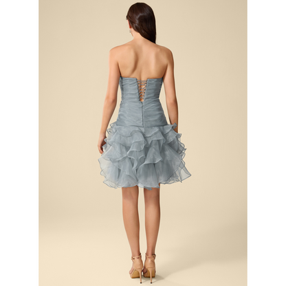 Dusty Blue Strapless Ruched Organza Homecoming Dress with 3D Flower & Ruffled Skirt