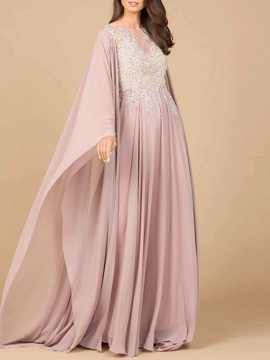 Elegant Dusty Mauve Chiffon A-Line Beaded Illusion Cape Mother of the Bride Gown
