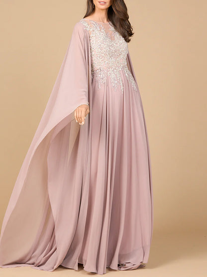 Elegant Dusty Mauve Chiffon A-Line Beaded Illusion Cape Mother of the Bride Gown