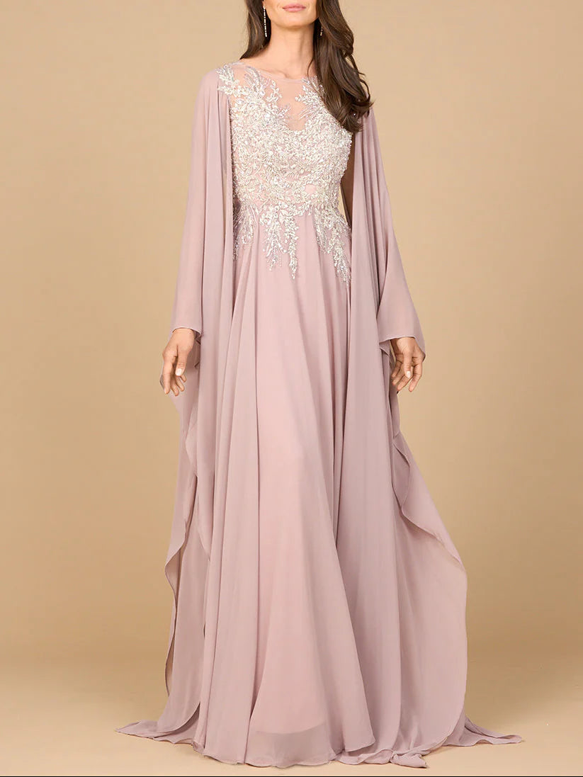 Elegant Dusty Mauve Chiffon A-Line Beaded Illusion Cape Mother of the Bride Gown