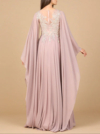 Elegant Dusty Mauve Chiffon A-Line Beaded Illusion Cape Mother of the Bride Gown