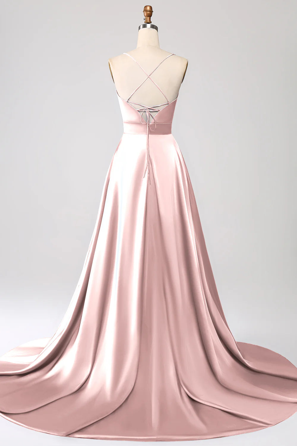 Dusty Rose A-line thin shoulder strap slit satin ball dress