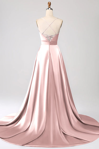 Dusty Rose A-line thin shoulder strap slit satin ball dress