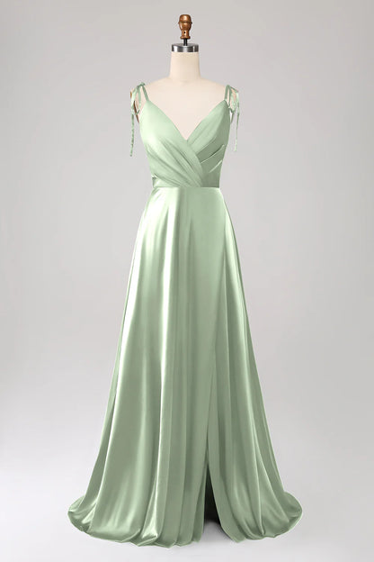 Minimalist dark green thin shoulder strap pleated slit prom dress