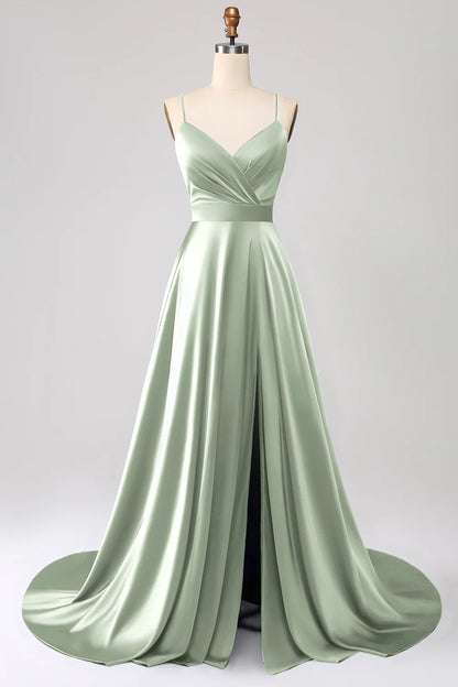 Dusty Rose A-line thin shoulder strap slit satin ball dress