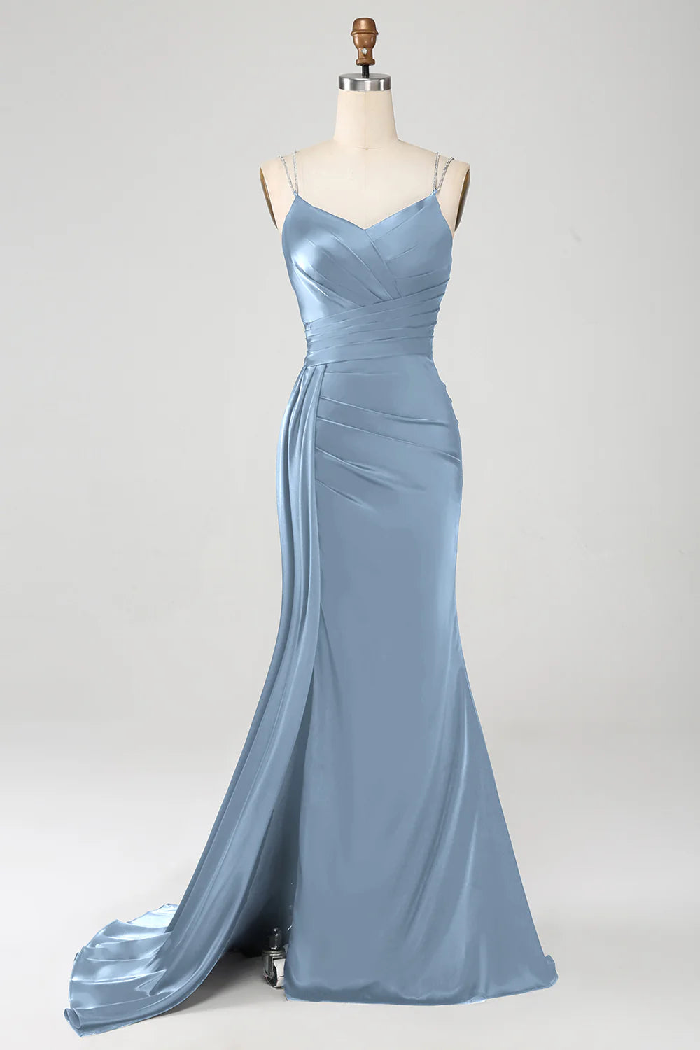 Navy blue fishtail thin shoulder strap pleated tight fitting corset lo – LD  Dress