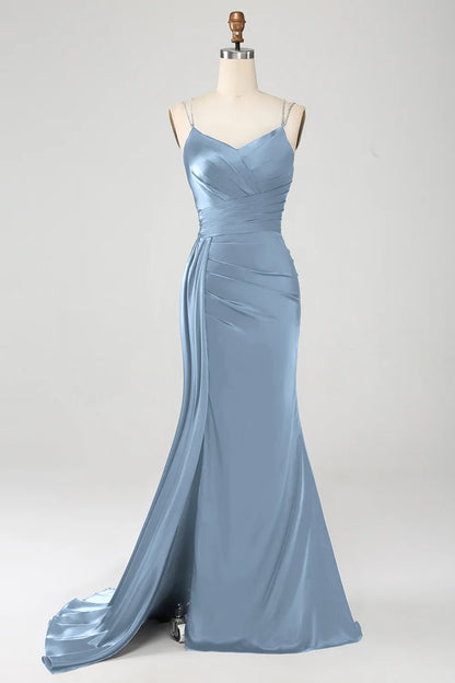 Navy blue fishtail thin shoulder strap pleated tight fitting corset long slit prom dress
