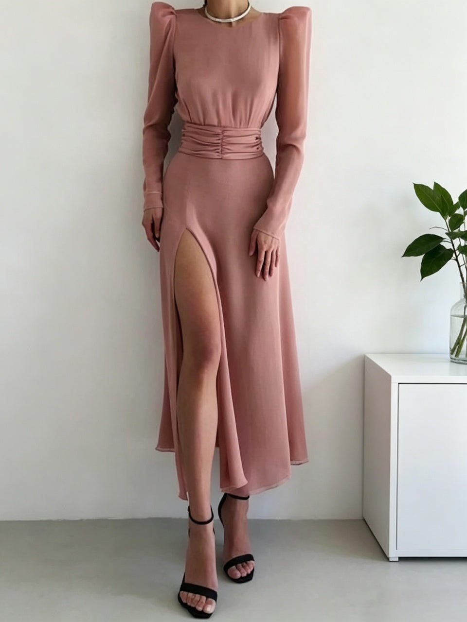 Dusty pink chiffon puff long sleeve wrap back tied waist high slit midi formal prom dress