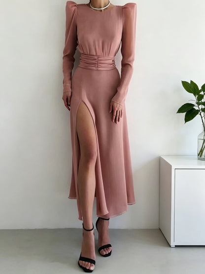 Dusty pink chiffon puff long sleeve wrap back tied waist high slit midi formal prom dress