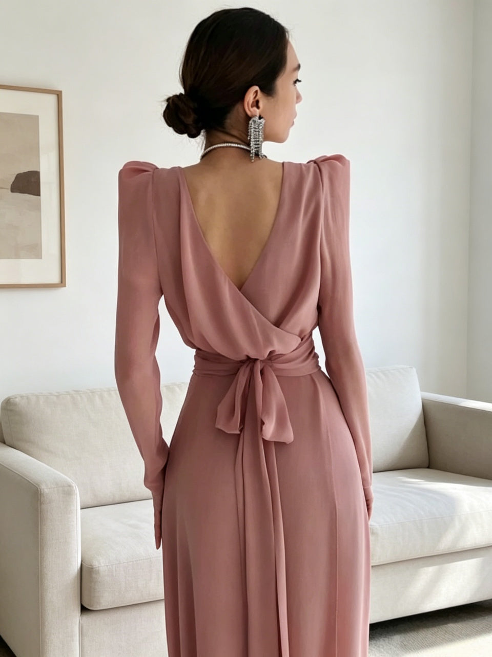 Dusty pink chiffon puff long sleeve wrap back tied waist high slit midi formal prom dress