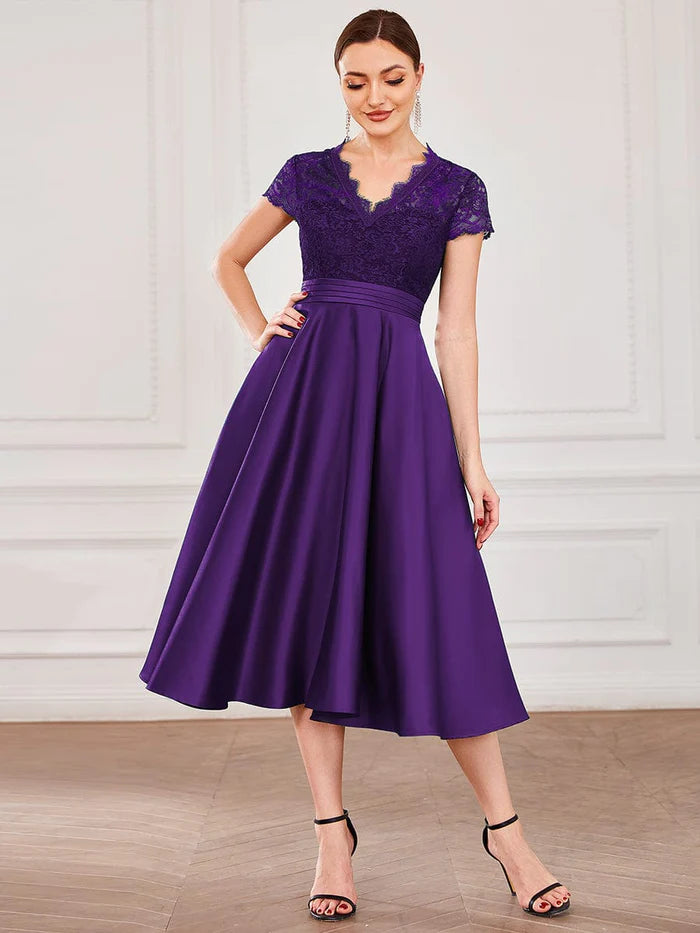 Romantic V-neck Lace Bodice Wedding Guest Dress with Pockets LD Dress Romantic V-neck Lace Bodice Wedding Guest Dress with Pockets LD Dress