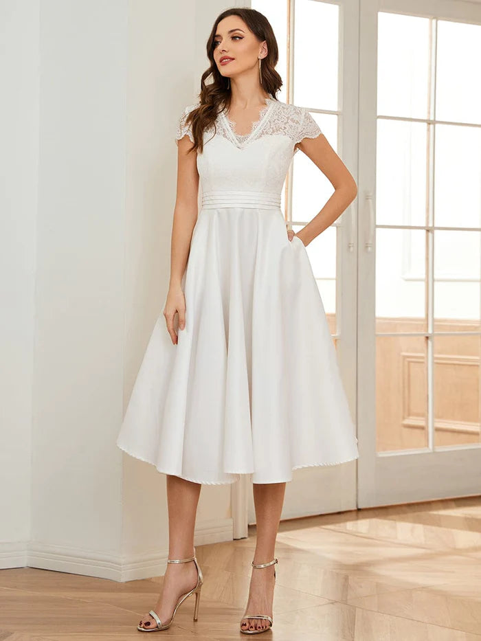 Romantic V-neck Lace Bodice Wedding Guest Dress with Pockets – LD Dress Romantic V-neck Lace Bodice Wedding Guest Dress with Pockets – LD Dress