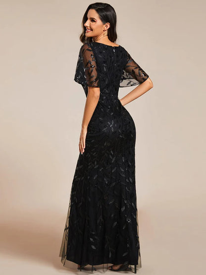 Gorgeous V Neck Leaf-Sequined Fishtail Party Dress