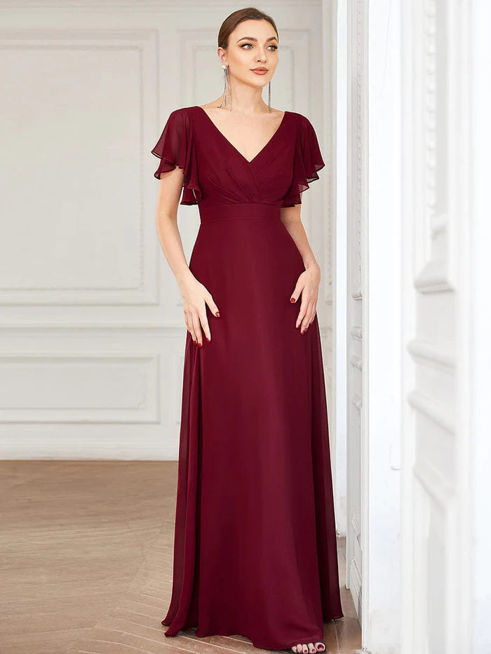 Custom Size Short Ruffle Sleeve Pleated Chiffon A-Line Evening Dress