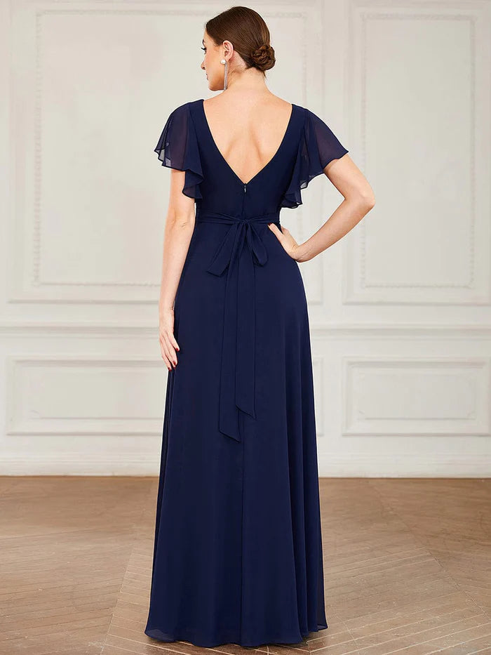 Custom Size Short Ruffle Sleeve Pleated Chiffon A-Line Evening Dress
